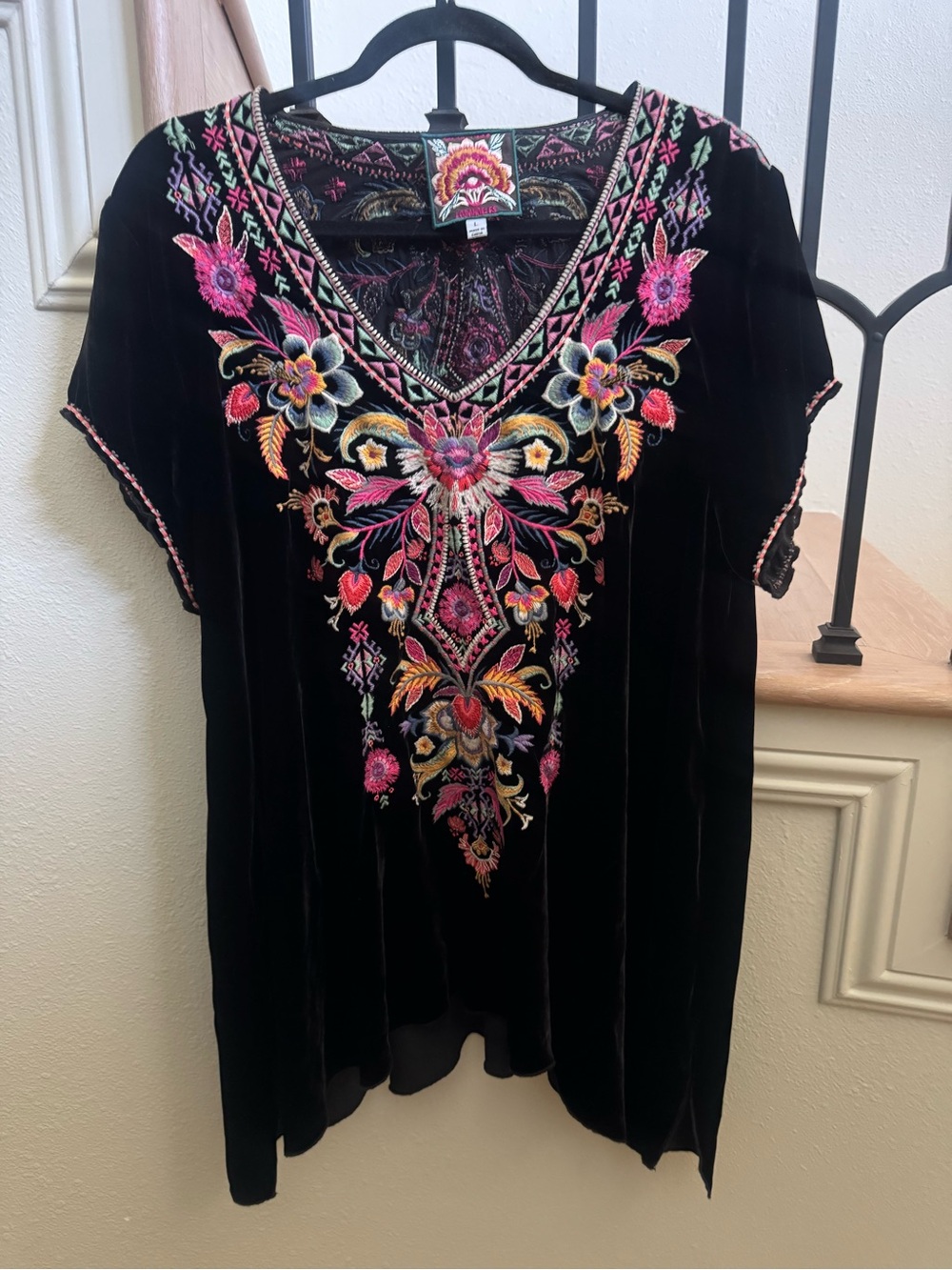 Johnny Was Loana Velvet V-Neck Tunic in Deep Plum with Multicolor Embroidery - Picture 2 of 5